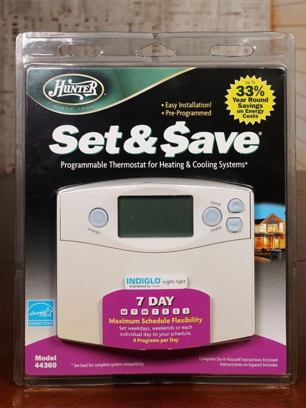 Hunter 44360 Set & Save 7 Day Programmable Thermostat INDIGLO LCD New